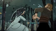 Dagmar (r.) wird von Brunhild (l.) angegriffen. Loki gab ihr mit dem Schwert ihre ursprüngliche Gestalt zurück.
