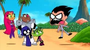 v.li.: Starfire, Cyborg, Raven, Beast Boy, Robin