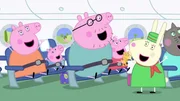 v.li.: Mummy Pig, George Pig, Daddy Pig, Peppa Pig, Miss Rabbit