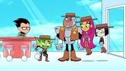 v.li.: Robin, Beast Boy, Cyborg, Starfire, Raven