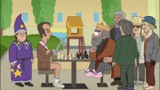 Von links: Ludwig Auster spielt auf einem Spielplatz Schach gegen den Penner-König.