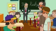 Von links: €annabis €hampagne, Ludwig Auster und Paul Jakobs mit VR-Brillen in €hampagnes Klassenzimmer.