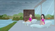 Von links: Barbie Schmidt und Gigi auf Liegestühlen vor Barbies Haus.