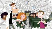 L-R: Zack Underwood (voiced by Mekai Curtis), Heinz Doofenshmirtz (voiced by Dan Povenmire), Melissa Chase (voiced by Sabrina Carpenter), Milo Murphy (voiced by "Weird Al" Yankovic)