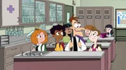L-R: Melissa Chase (voiced by Sabrina Carpenter), Zack Underwood (voiced by Mekai Curtis), Heinz Doofenshmirtz (voiced by Dan Povenmire), Milo Murphy (voiced by "Weird Al" Yankovic)