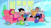 v.li.: Starfire, Beast Boy, Robin, Cyborg, Raven