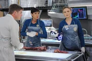 Wendell (Michael Grant Terry), Cam (Tamara Taylor, M.) und Brennan (Emily Deschanel) untersuchen die sterblichen Überreste des Opfers, um die Todesursache herauszufinden.