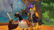 Fuchs und Gans testen die von Franklin gebauten Mondpiraten-Schwerter.