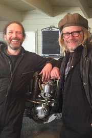 Henry and Sam happy with their newly bought 'Quartermaster' drag bike, as seen on Travel Channel's Shed and Buried