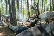 Evenki, China - Hazen laying beside reindeer.