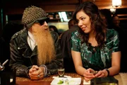 BONES: Angela (Michaela Conlin, R) and her father (guest star Billy F. Gibbons, L) discuss her marriage to Hodgins in the BONES season finale episode.