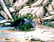 Krampfhaft bemüht sich Nils Holgersson den alten Münztopf zu öffnen, in dem die Krähe Wind Kara gefangen hat.