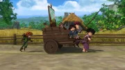 Auf der Flucht vor dem Sheriff und seinen Leuten: Robin, Marian, Tuck, der Puppenspieler und Little John, der hier als Zugpferd herhalten muss.