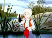 Nils und Krümel haben noch nie eine Kaulquappe gesehen. Gleich wird sie der wütende Frosch verjagen.