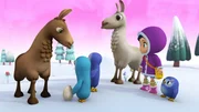 Die Pinguine Paula und Pablo bedanken sich bei Wissper, Pinguin-Mädchen Peggy und den Lamas Lenny und Alanna dafür, dass sie so gut auf ihr Ei aufgepasst haben.