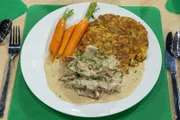 Tagesmotto "Leibgericht" von Jo Gondorf: Kalbsgeschnetzeltes mit Rösti und glasierten Karotten