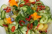 Erdäpfel-Gurken-Salat darf in keinem Wiener Gasthaus fehlen. Verziert wird er mit Chilis, Blüten und Kräutern.