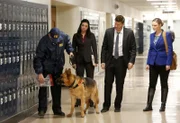 Nachdem Brennan (Emily Deschanel, r.) herausgefunden hat, dass Mias Leiche in einem Spind gesteckt haben muss, sucht sie mit Booth (David Boreanaz, 2.v.r.) die Schule auf und lässt in Gegenwart der Schulleiterin Anne Franklin (Anna Khaja) die Spinde der Schule von einem Spürhund durchsuchen.