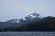 Snow-capped Mount Calder is surrounded by trees near Port Protection, Alaska.
