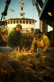 Deckhand Glen "Tall Guy" Porter and Engineer Munsey, aboard the Southern Wind, sorting opies at the table.