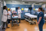 (v.li.): Summer Brown (Dr. Olivia Jackson), Antonia Thomas (Dr. Claire Browne), Kurt Yaeger (Cort Graham), Freddie Highmore (Dr. Shaun Murphy), April Cameron (Schwester Hawks).