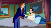 Der verdutzte Falko wird vom neuen Butler, Jonathan, wohlwollend aus dem Bett gescheucht.