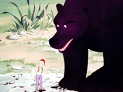 Drohend steht der mächtige Bär vor Nils Holgersson, der gerade auf der Flucht vor dem Fuchs Smirre war.