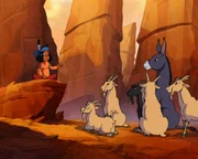 Yakari spricht vor den Ziegen und dem Esel