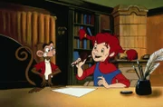 Pippi (re.) versucht, an Annika und Tommy eine Einladung für eine Party zu schreiben, wobei Herr Nilsson keine große Hilfe ist.