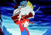 Pippi war einkaufen. Aber auf dem Nachhauseweg regnet es in Strömen, und da sie nicht nur stark, sondern auch klug ist, benutzt sie das riesige Einkaufsknäuel als Regenschirm.