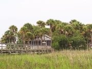 Outside view of the first home, which is located on a 5 acre private island.