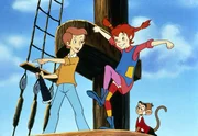 Tommy (li.) hält mit Pippi auf dem Ausguck der Hoppetosse Ausschau nach Piraten.