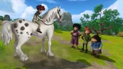 Lubin führt Little John, Robin Hood und Tuck seine Reitkünste vor.