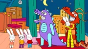 Mama (r.) und Papa (3.v.r.) spielen als Dino und Drache verkleidet die Geschichte aus dem Film "Grako, der Mega-Dinosaurier" nach. Mama hält Franz (2.v.r.) im Arm. Simon (3.v.l.), Ferdinand (2.v.l.) und Lou (l.) haben einen riesen Spaß bei der Feier.