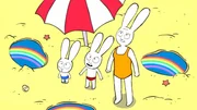 Am Strand beobachten Franz (l.), Simon (M.) und Omi (r.) den Regenbogen am Himmel, der sich auch hübsch in den Pfützen spiegelt.