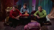 L-R: Scott (James Doohan), Dr. McCoy (DeForest Kelley), James T. Kirk (William Shatner)