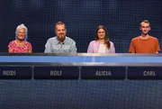 ARD GEFRAGT - GEJAGT FOLGE 894, "Alexander Bommes präsentiert beliebtes Quizformat", am Dienstag um 18:00 Uhr im ERSTEN. Aufzeichnung zum ARD-Quiz „Gefragt-Gejagt“  Die Kandidaten (v.l.n.r. am Panel): Heidi Römer, Rolf Scheer, Alicia Dengler, Carl Meinhof.