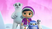 Erschrocken schauen Eisbär Bert, Wissper, Pinguin-Mädchen Peggy und Robbe Sam in die Höhle, aus der gruselige Geräusche kommen.