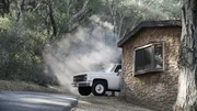 Lee Baker’s truck parked up against the door of Sally Snowden’s burning home.