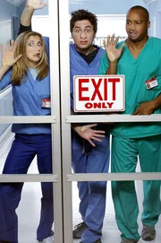Scrubs - Die Anfänger "Mein erster Tag". Im Bild (v.li.): Sarah Chalke (Elliott Reid), Zach Braff (John 'J.D.' Dorian), Donald Faison (Chris Turk, li.).