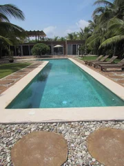 Pool area of Casa Benito shown to Clients Jill and Shaun Connell, in Puerto Escondido, Mexico, as seen on HGTV's "Mexico Life"