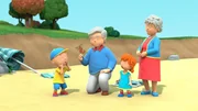 Caillous Großeltern haben Caillous Strandspielzeuge versteckt und sich eine Schatzsuche ausgedacht, mit der er die Spielzeuge wiederfinden kann.