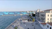 Ein computergeneriertes Bild zeigt eine CGI-Überlagerung einer Flotte griechischer Schiffe, die von der Insel Spetses abfahren. (National Geographic)