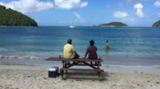 Exterior, Clients Tom and Jeanelle on the beach in St John, USVI. As seen on HGTV's Caribbean Life.
