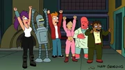 Freuen sich, dass sie nach ihrer Entlassung wieder einen Job haben: (v.l.n.r.) Leela, Bender, Fry, Amy, Zoidberg, Hermes ...