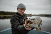 MS Landscape of Jeremy Wade holding a pike whilst standing on a boat, head end closer to the camera, mouth open.