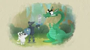 Während Dog auf Kunden wartet, liest er Bücher über Ritter und Drachen…