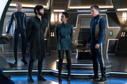 "If Memory Serves" -- Ep#208 -- Pictured (l-r): Doug Jones as Saru; Ethan Peck as Spock; Sonequa Martin-Green as Burnham; Anson Mount as Captain Pike of the CBS All Access series STAR TREK: DISCOVERY.