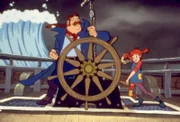 Mitten in der friedlichen Heimreise gibt es ein Unterwasser-Erdbeben. Papa Ephraim (li.) versucht zusammen mit Pippi, das Ruder der Hoppetosse unter Kontrolle zu halten.