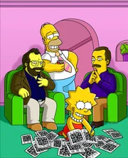Mit Hilfe von Rätselbauer Merl Reagle (l.) und dem Herausgeber der New York Times-Kreuzworträtsel, Will Shortz (r.), hat Homer (2.v.l.) eine versteckte Botschaft für Lisa (2.v.r.) vorbereitet.
